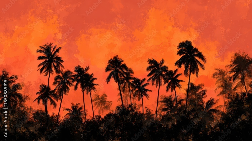 Obraz premium Silhouette of palm trees against a vibrant sunset sky.