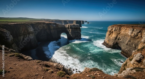 Dramatic Coastal Cliffs Carved by Ocean Waves Under a Clear Blue Sky