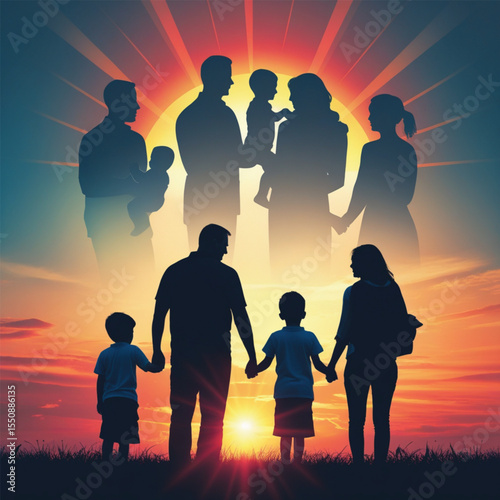 Generations of Family Silhouetted Against a Vibrant Sunset Sky