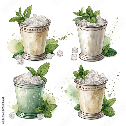 set of six watercolor illustrations of mint julep