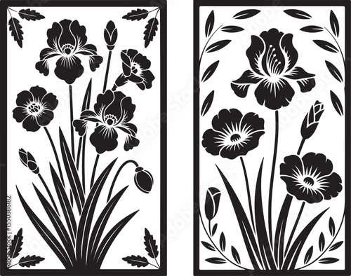 This image features three rectangular iris panels with intricate floral cutout designs in a light beige color, suitable for decorative and ornamental purposes.