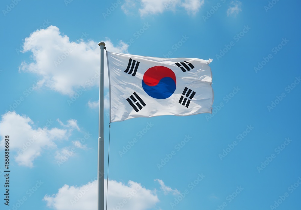 Naklejka premium Taegeukgi fluttering against a clear blue sky. A sunny day, a national symbol of the Republic of Korea
