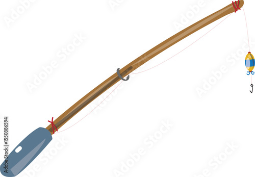 Flat Vector Illustration of a Fishing Rod with Hook and Bobber