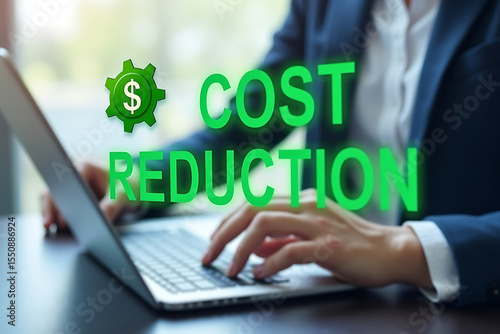 Businessman Using Laptop with Virtual Cost Reduction Screen – Low Cost, High Profit, and Business Efficiency Concept

