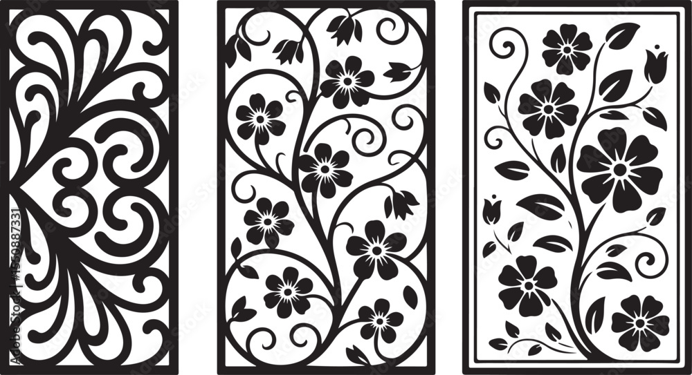 This image features three rectangular panels with intricate floral cutout designs in a light beige color, suitable for decorative and ornamental purposes.