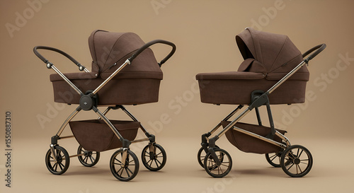 Brown and Gold Baby Stroller 3D Rendering