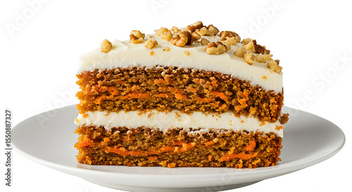A delicious slice of carrot cake with cream cheese frosting and walnuts on top, presented on a white plate