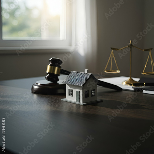 House Model Gavel Scales on Wooden Desk Near Window