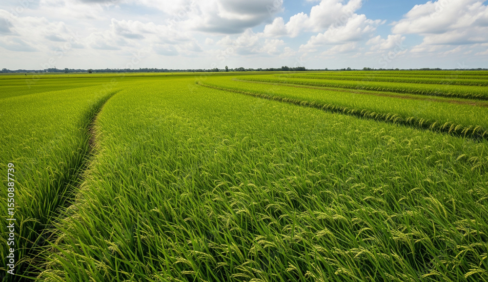 Obraz premium Expansive Green Rice Paddy Field Under Blue Sky with Clouds