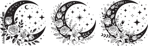 This image features two stylized crescent moons, each adorned with an arrangement of various rose lily flowers, leaves, and stars, rendered in black and white for a mystical botanical theme.