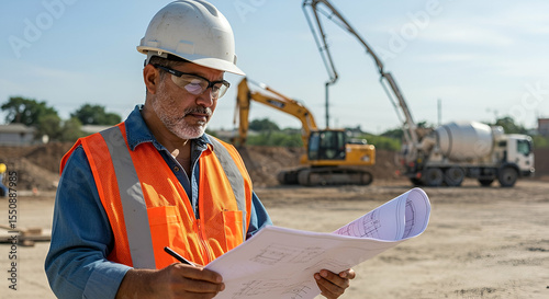 Construction Worker Reviewing Blueprint at a Construction Site