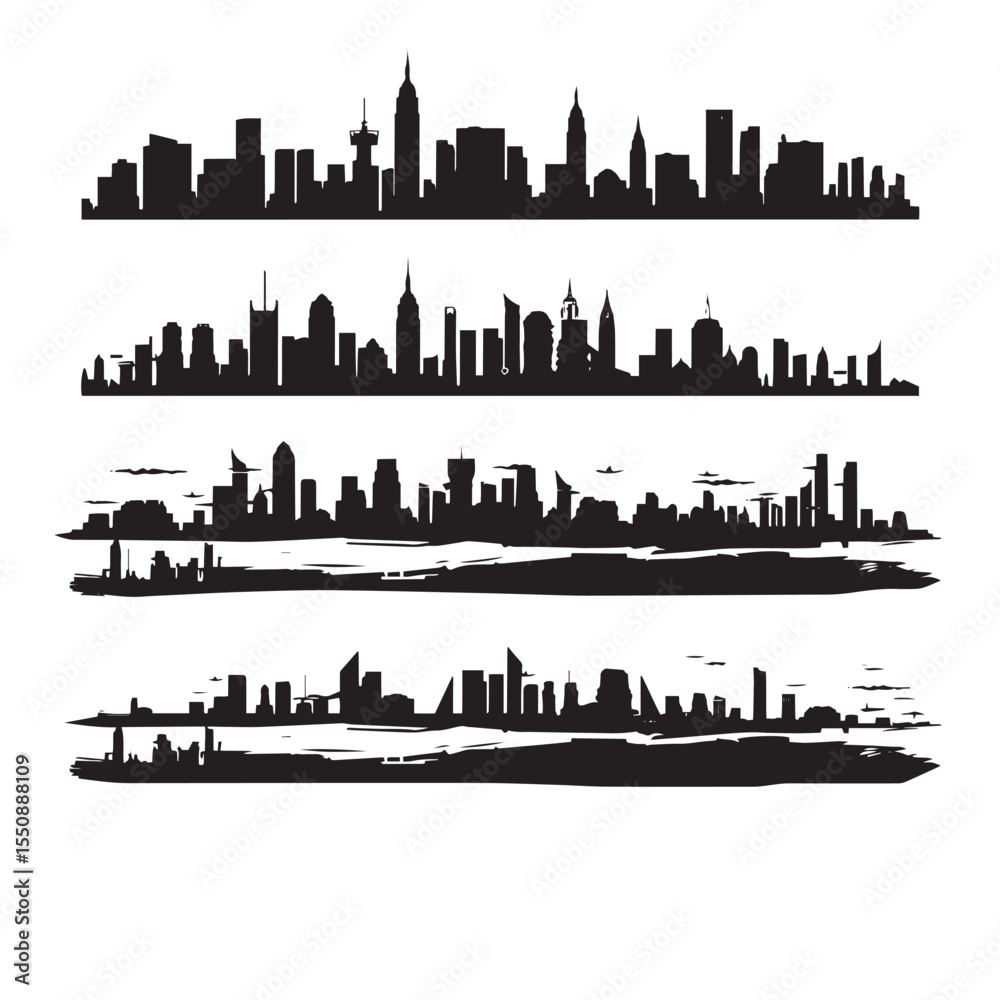Fototapeta premium set of City silhouette in flat style. Modern urban landscape. Vector illustration , black silhouettes isolated on white background