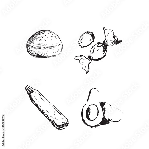 sketch illustration of food and fruit and vegetable variants