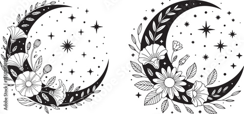 Crescent moon, moon, celestial, stars, flowers, floral, botanical, leaves, elegant, decorative, black and white, illustration, vector, mystical, bohemian, magical, cosmic, night, nature, bloom, daisy,