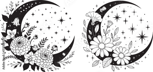 This image features two stylized crescent moons, each adorned with an arrangement of orchids, leaves, and stars, rendered in black and white for a mystical botanical theme.