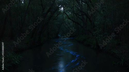 Serene nighttime river glowing with bioluminescent algae in lush forest