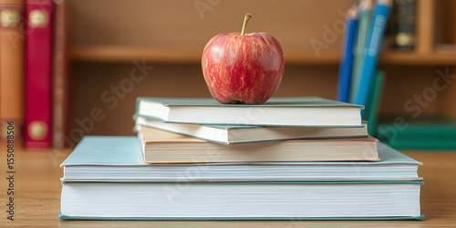 An apple is resting on top of a stack of books creating a copy space image that symbolizes the concept of education and going back to school