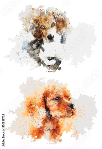 Watercolor Dog Portraits: Expressive Canine Art with Splatter Effects