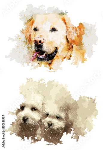 Watercolor Dog Portraits: Golden Retriever and Fluffy Puppies Art