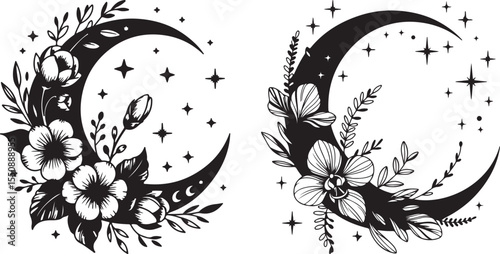 This image features two stylized crescent moons adorned with an arrangement of flowers, leaves, and stars, rendered in black and white for a celestial botanical theme.
