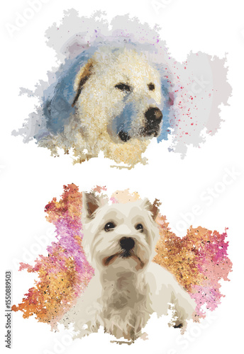 Watercolor Dog Portraits: Great Pyrenees and Westie with Artistic Splash