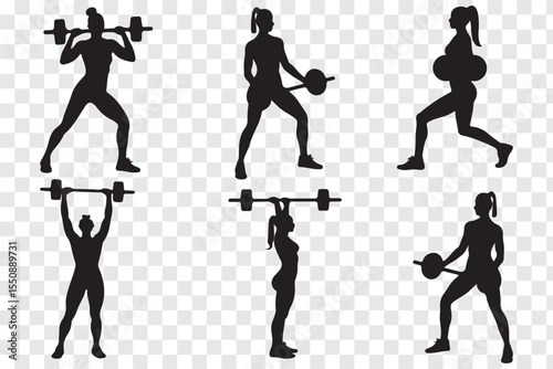 Man and Women weightlifting silhouette icon set. Variety weightlifting Icon design. Human athlete, weightlifter and sport. isolated on white background. Vector illustration. EPS 10.