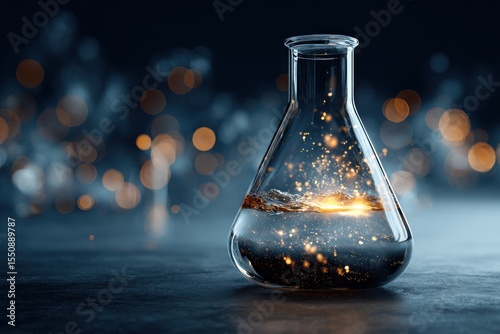 A glowing flask of liquid is the centerpiece of this abstract and beautiful science image.