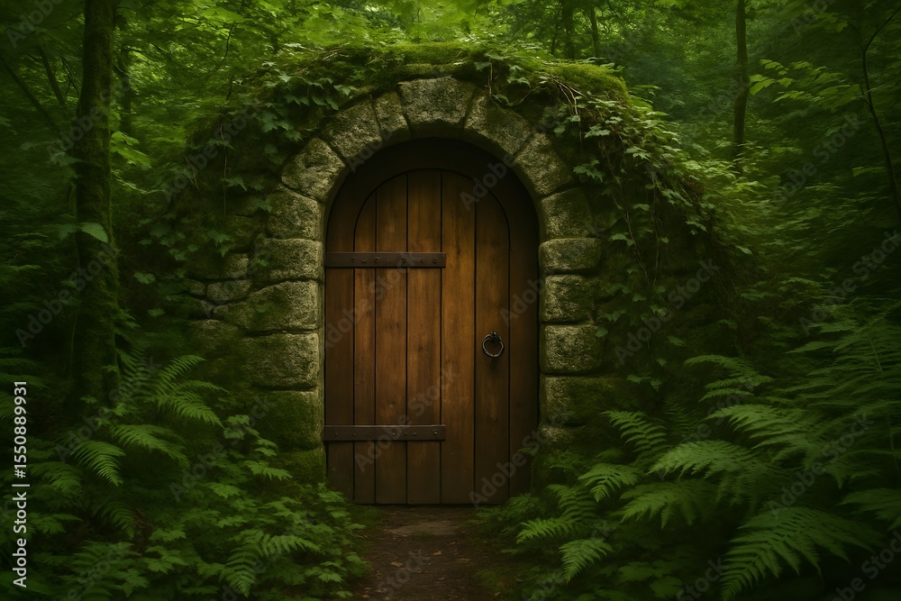 Fototapeta premium Enigmatic Stone Doorway Hidden in Lush Green Forest Landscape with Mossy Archway