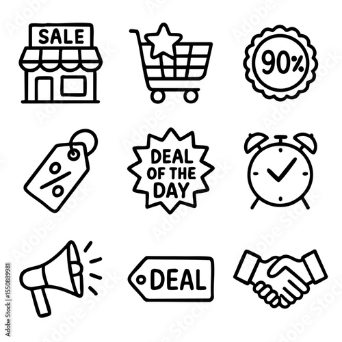 A set of doodle line icons illustrating shopping, discounts, promotions, deals, special offers, price tags, and retail elements
