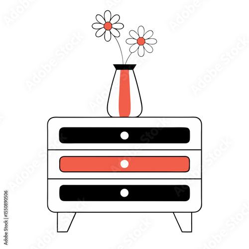 Simple illustration of a dresser with a vase of flowers silhouette