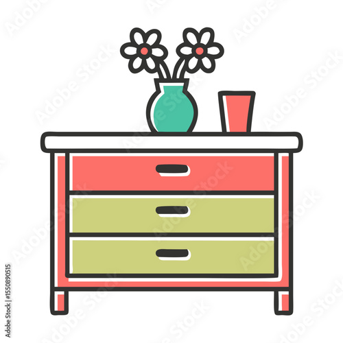 Simple illustration of a dresser with flowers in a vase and a cup silhouette