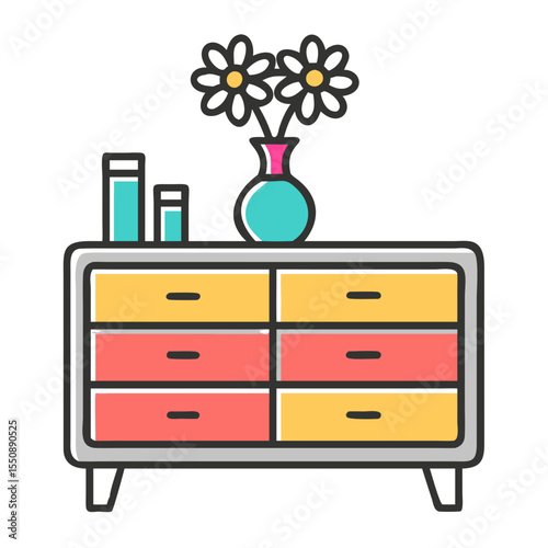 Colorful dresser with drawers and vase of flowers silhouette