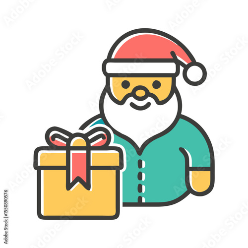 Friendly santa claus holding a christmas gift box with a bow silhouette
