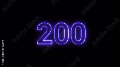 Neon 200 text number sign animation on black background, neon glowing two hundred number sign animated with alpha channel.