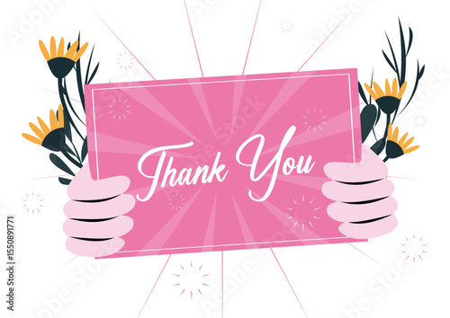 Flat Thank You Card with Flowers and Hands