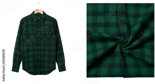 A green plaid flannel shirt displayed on a hanger with a close-up view of the fabric texture, suitable for fashion retail