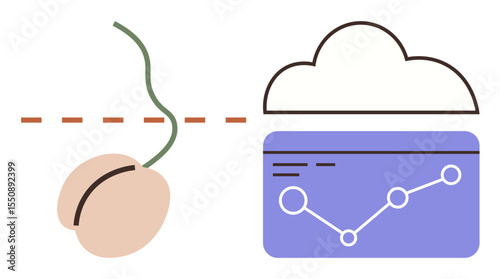 Seedling and growth process transitioning into cloud system with analytics interface. Ideal for innovation, technology, sustainability, data integration, transformation, digital agriculture