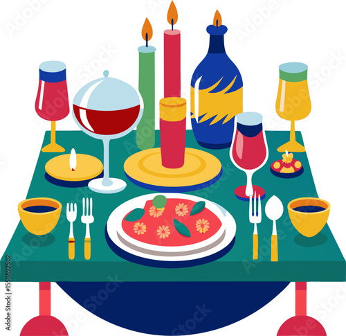 Bold-colour vector of a dinner table setting with wine, candles, and plates with white background.
