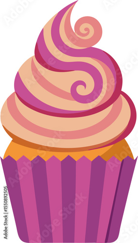 Flat design of a gourmet cupcake with frosting swirl and decorative topper with white background .