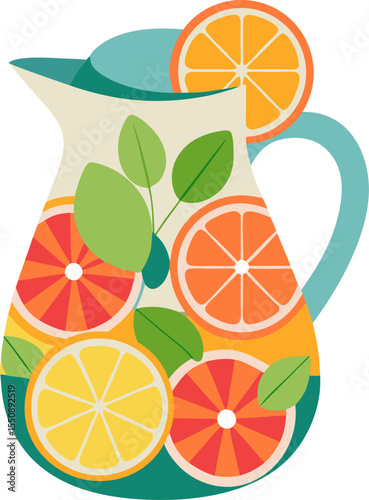 Colourful flat illustration of fruit-infused water pitcher with citrus slices with white background .