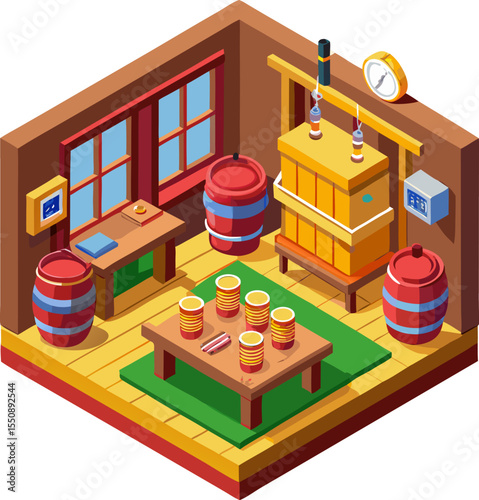 Vibrant isometric scene of a craft brewery taproom with barrels and glasses with white background.