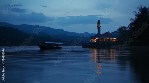 Serene twilight view of a riverside building with reflections