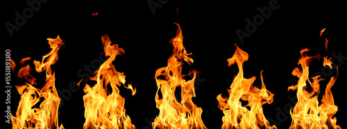 set abstract flame isolated black background. concept of effect texture ablaze, graphic design bonfire, blaze at night. burn of fire sizzling, danger explosion
