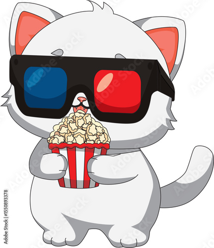 Cat With popcorn And 3D Glasses Kitten Movie Mascot