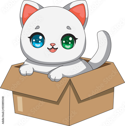 White Cat In Box Kawaii Cartoon Vector
