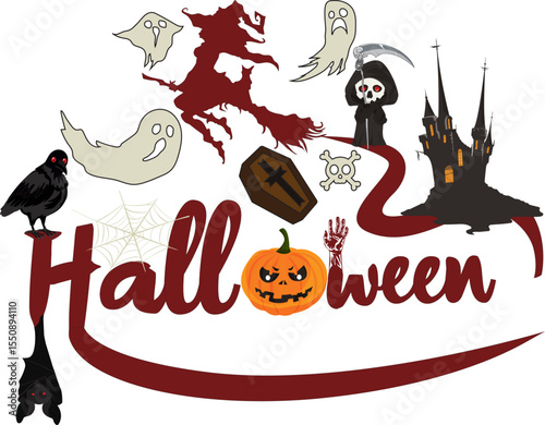 Halloween Font Calligraphy With Ghost Witch Grim Reaper Vector