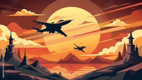 High-altitude view of drones, fighter jets, and ballistic missiles intersecting over arid terrain, glowing under the heat of sunset and fire