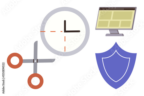 Clock with scissors representing time management, shield symbolizing security, and monitor indicating online tools. Ideal for productivity, security, technology, software, organization, planning