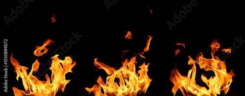 set abstract flame isolated black background. concept of effect texture ablaze, graphic design bonfire, blaze at night. burn of fire sizzling, danger explosion
