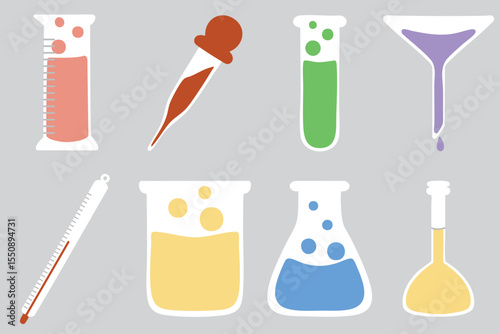 Laboratory equipment flat color illustration. Beaker glass, teat tube, flask, thermometer, pipette, measuring glass, etc. Used for education, design, poster, etc.